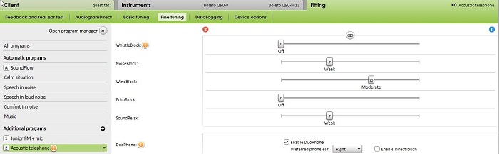DuoPhone fitting settings in the Target software