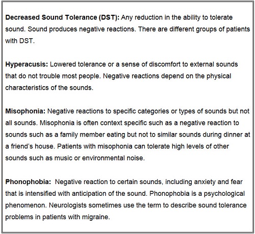 Summary of terms related to decreased sound tolerance arranged alphabetically