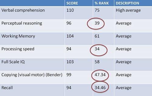 Scores for Matthew’s psychoeducational evaluation