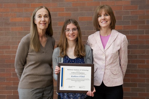 Scouten Intern Katie O’Dell, center, joins RIT/NTID faculty members Kathleen Eilers-Crandall, left, and Kathy Varone