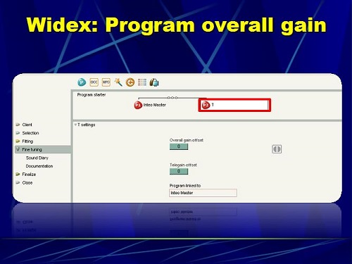 Widex software screen shot to program overall gain in the telecoil