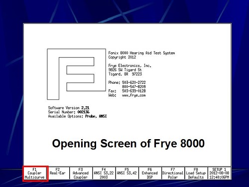 Opening screen of Frye 8000