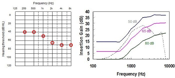 Example audiogram of a moderate sloping hearing loss and the NAL-NL2 prescriptions at various inputs compared with previous NAL-NL1 prescription 