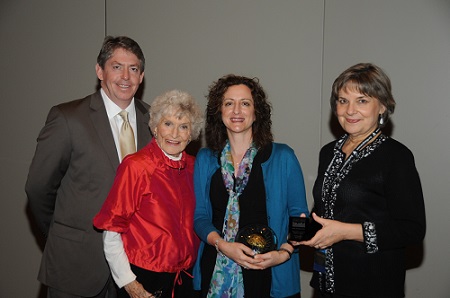 Don Schum, Marion Downs, and Dianne Meyer welcome the 2011 Marion Downs Lecture presenter, Karen Avraham, at AudiologyNOW!