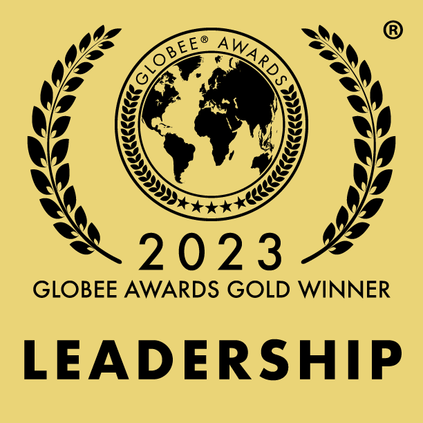  A golden emblem logo for the "2023 GLOBEE AWARDS GOLD WINNER" in leadership, featuring a laurel-wreathed Earth.