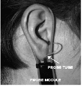 Setup for the real-ear-to-coupler difference measurement on the Audioscan showing placement of the probe tube probe module