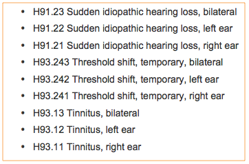 Code set for sudden idiopathic hearing loss, temporary threshold shift, and tinnitus