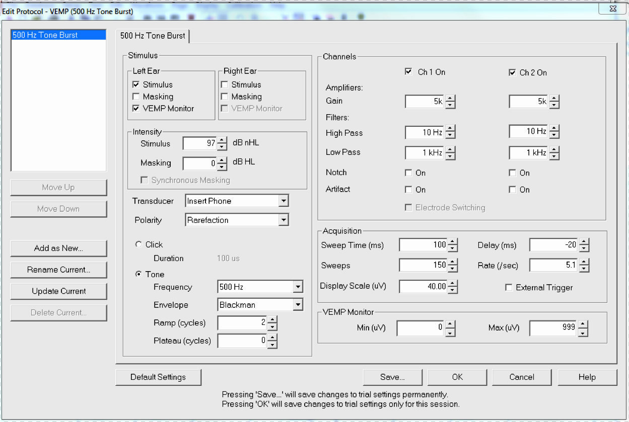 Otometrics EP200 parameters screen