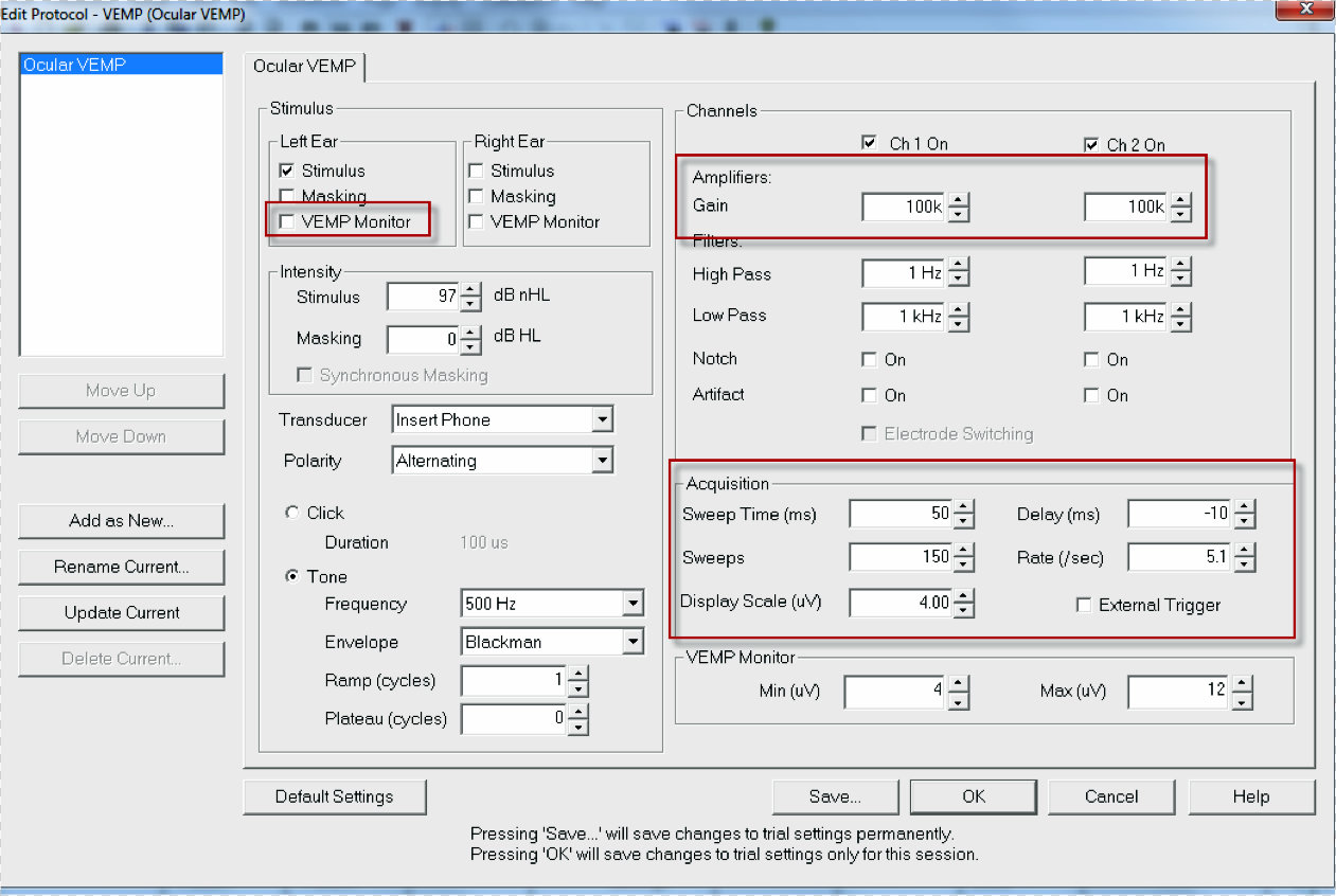 oVEMP testing parameters