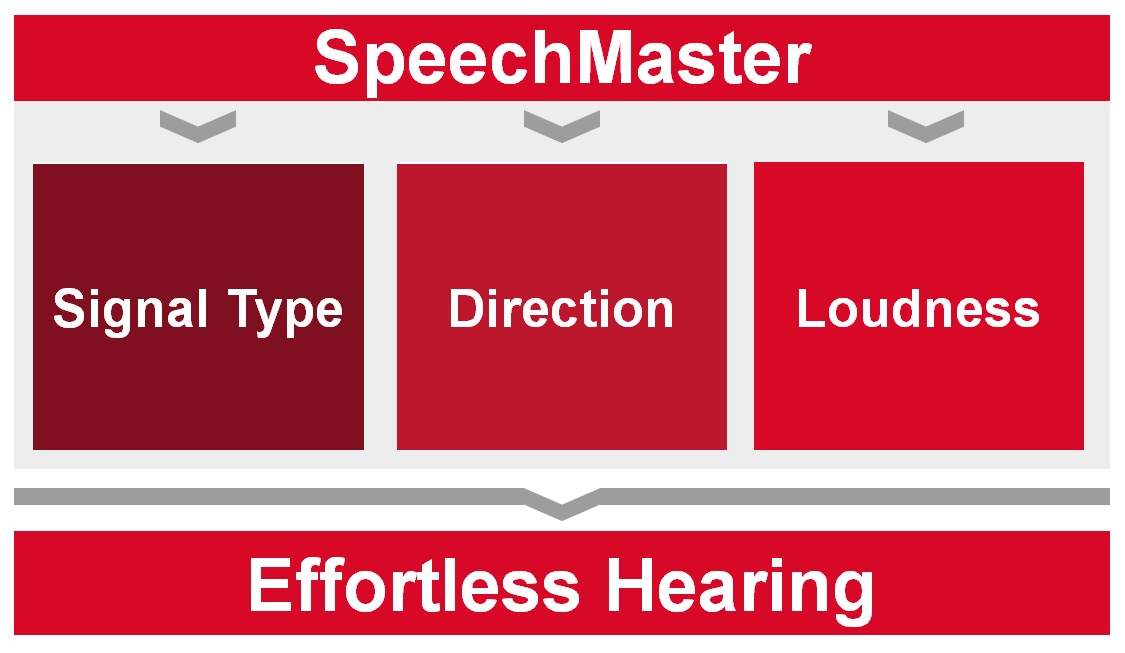 SpeechMaster uses three strategies to improve speech intelligibility and sound quality, thereby promoting effortless hearing