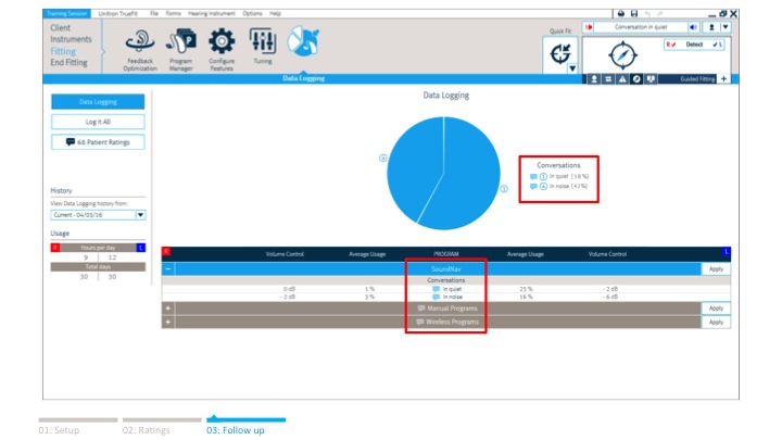 Data Logging screen, with speech bubbles indicating patient ratings