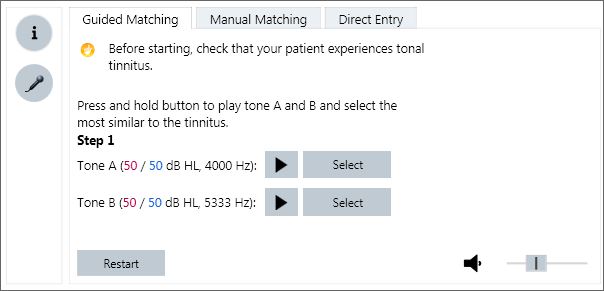 Screen view of the three tinnitus pitch-matching procedures available in the Connexx 8.2 fitting software