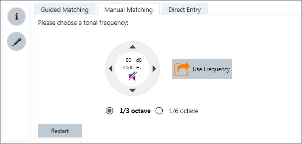 Screen view of the three tinnitus pitch matching procedures in Connexx 8.2 fitting software
