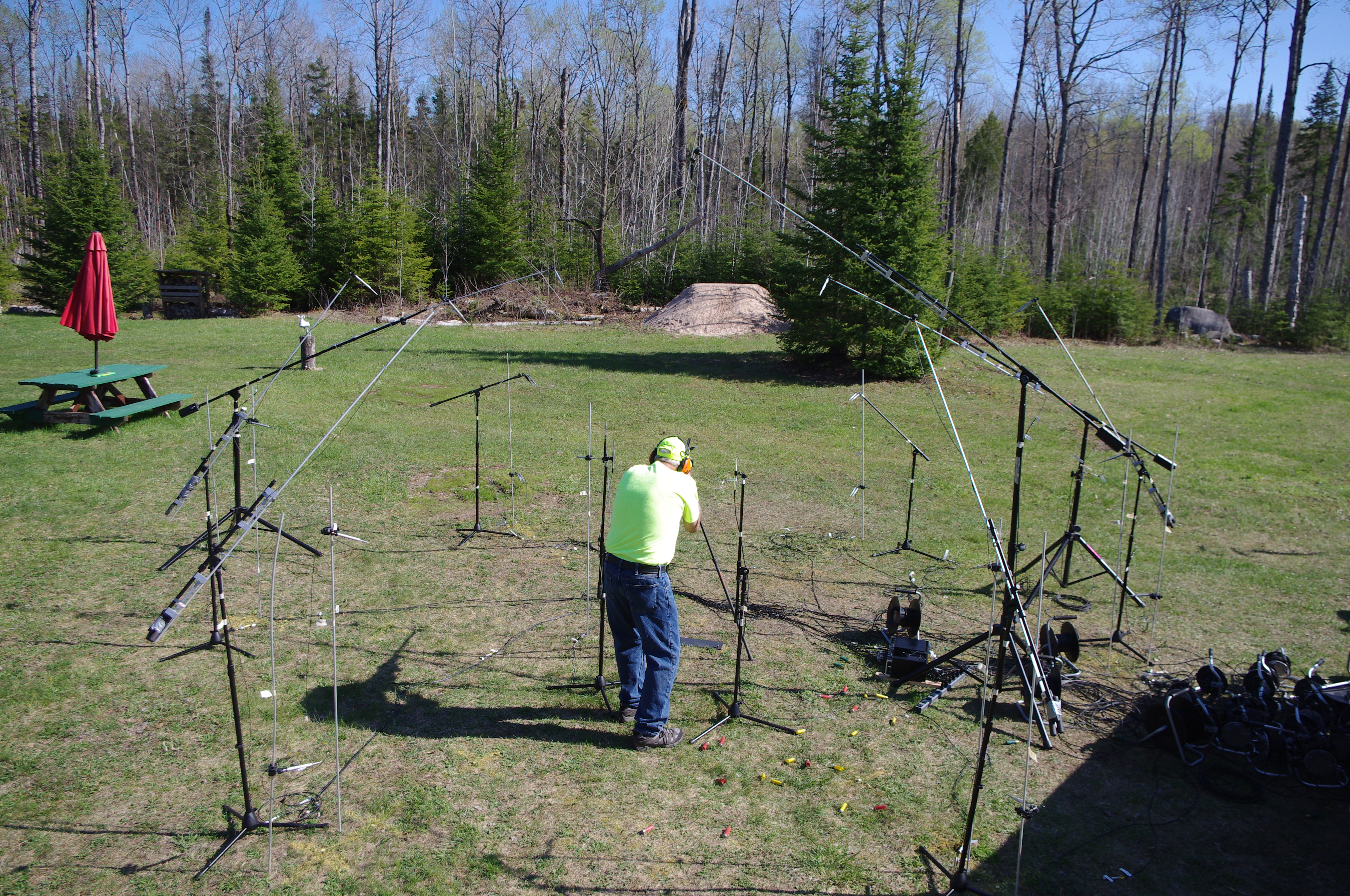 microphone setup at Rudyard 2016 for a sound power study of recreational firearms