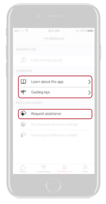 n My ReSound, options include Learn about the app, Guiding tips and Request assistance
