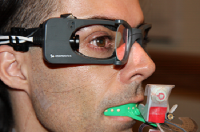 View of ICS Impulse goggles and scleral search coil in the eye for comparative testing