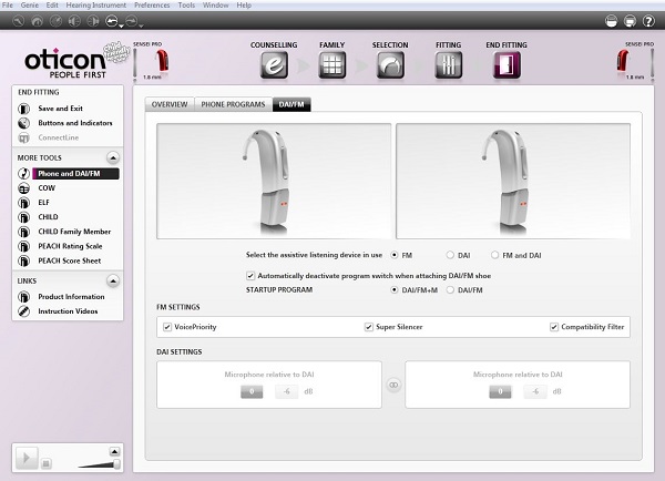 Oticon Genie software showing FM controls for VoicePriority I and FM Compatibility Filter