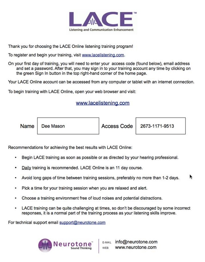 Example of LACE patient document that provides instructions and access code for the training