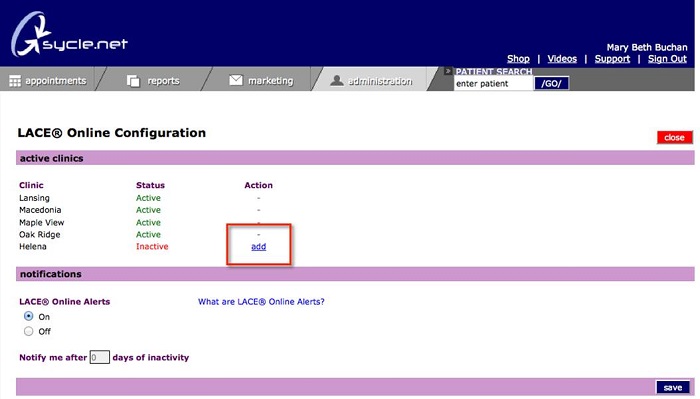 LACE Online configuration screen, showing active and inactive LACE clinics