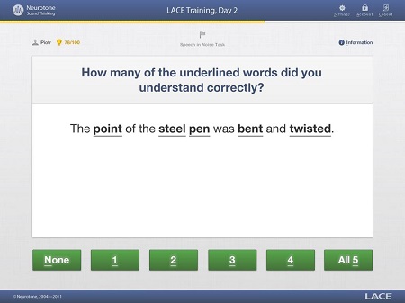 Screen shot from LACE Online standardized QuickSIN testing