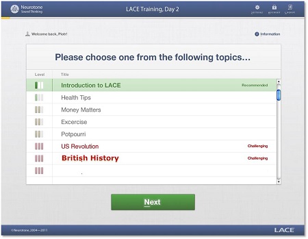 Screen shot of training topics in LACE Online