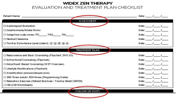 Example of treatment plan checklist for Widex Zen Therapy