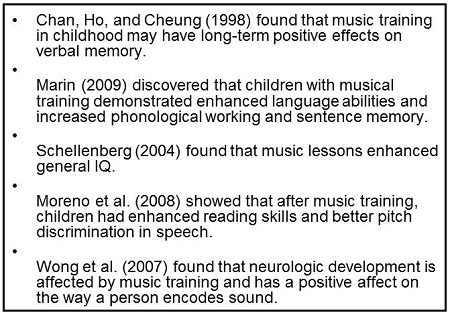 Music training studies and outcomes
