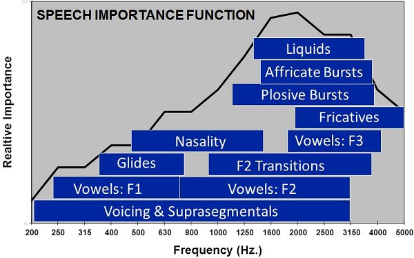 Speech importance function, with phoneme contrasts according to frequency range overlaid