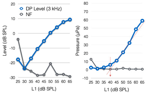 DPOAE input output function in dB SPL and µPa used to predict a DPOAE threshold