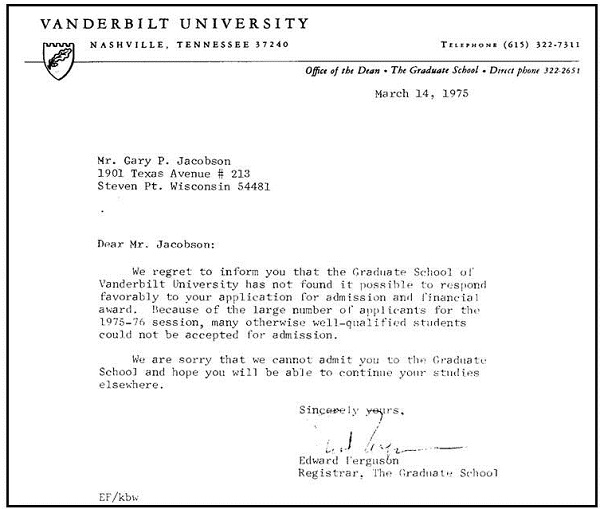 Gary Jacobson's rejection letter he received in 1975 when he applied to an audiology PhD program