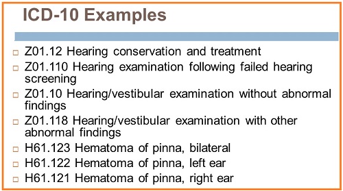 ICD-10 codes related to hearing conservation and treatment and hearing examination following failed hearing screening