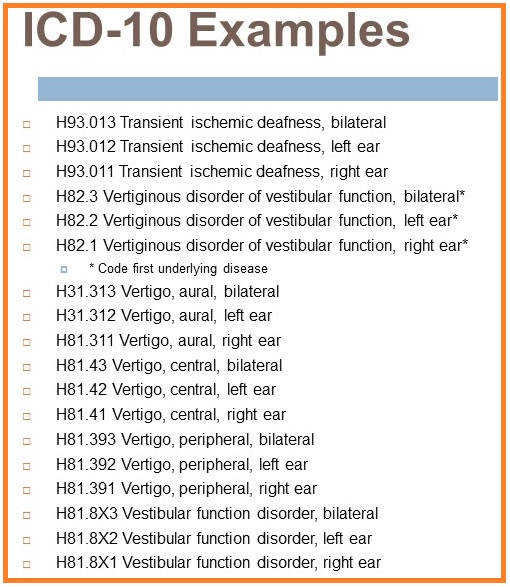 ICD-10 codes for for transient ischemic deafness, vertiginous disorder of vestibular function, vertigo, and vestibular function disorder