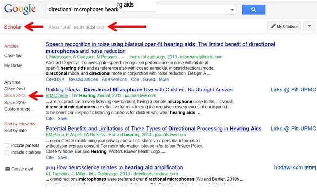 Screen shot from Google Scholar on directional microphones