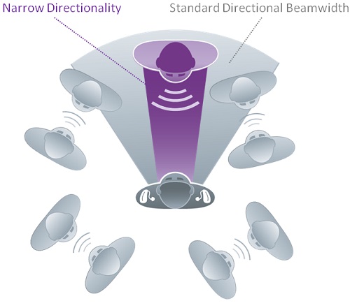 Narrow Directionality has a narrower focus beam so that sounds outside of what is immediately in front of the wearer can be attenuated