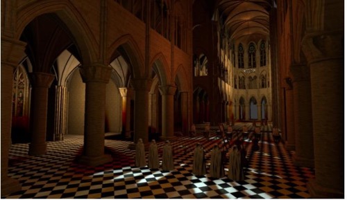 screenshot of a visual rendering model of Notre Dame Cathedral