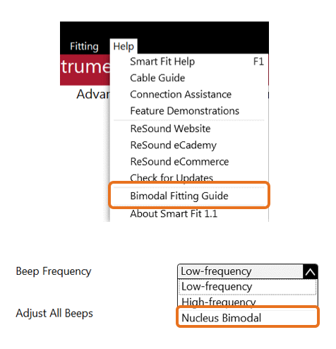 Smart Fit access to Bimodal Fitting Guide and Nucleus Bimodal Beep frequency option