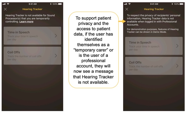 Hearing tracker data protection message