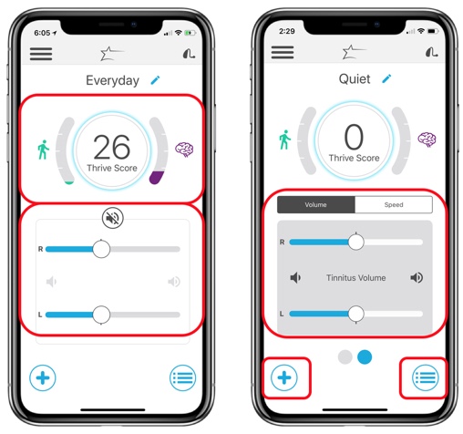 Home screen Thrive Score, volume controls, tinnitus memory