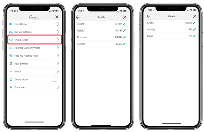 Thrive score settings profile and goals