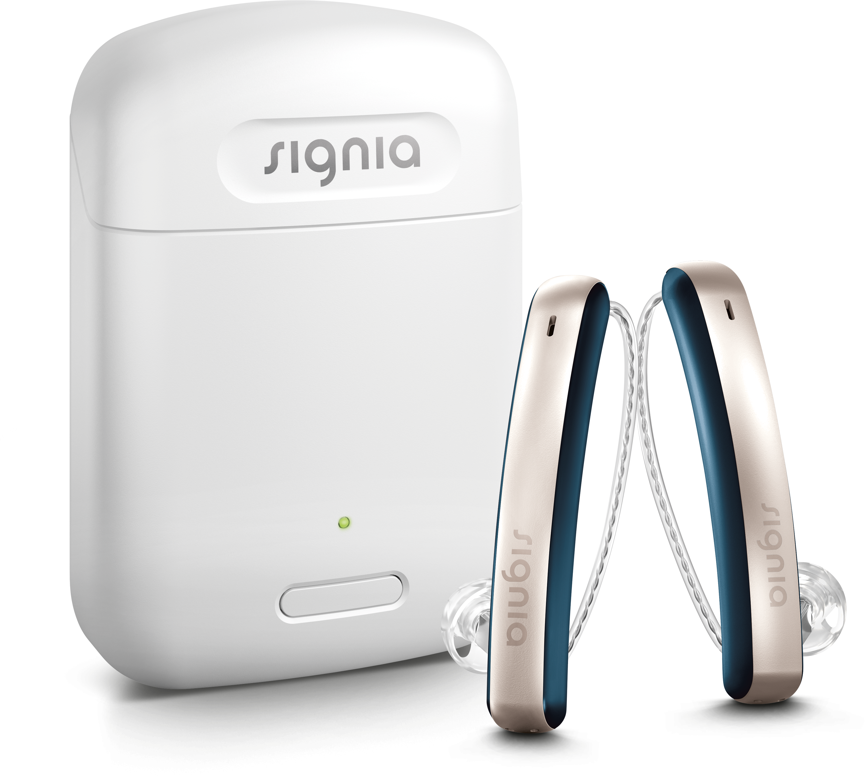 Wearers of the Styletto Connect hearing aids from Signia can express their individual style by choosing one of three elegant color combinations