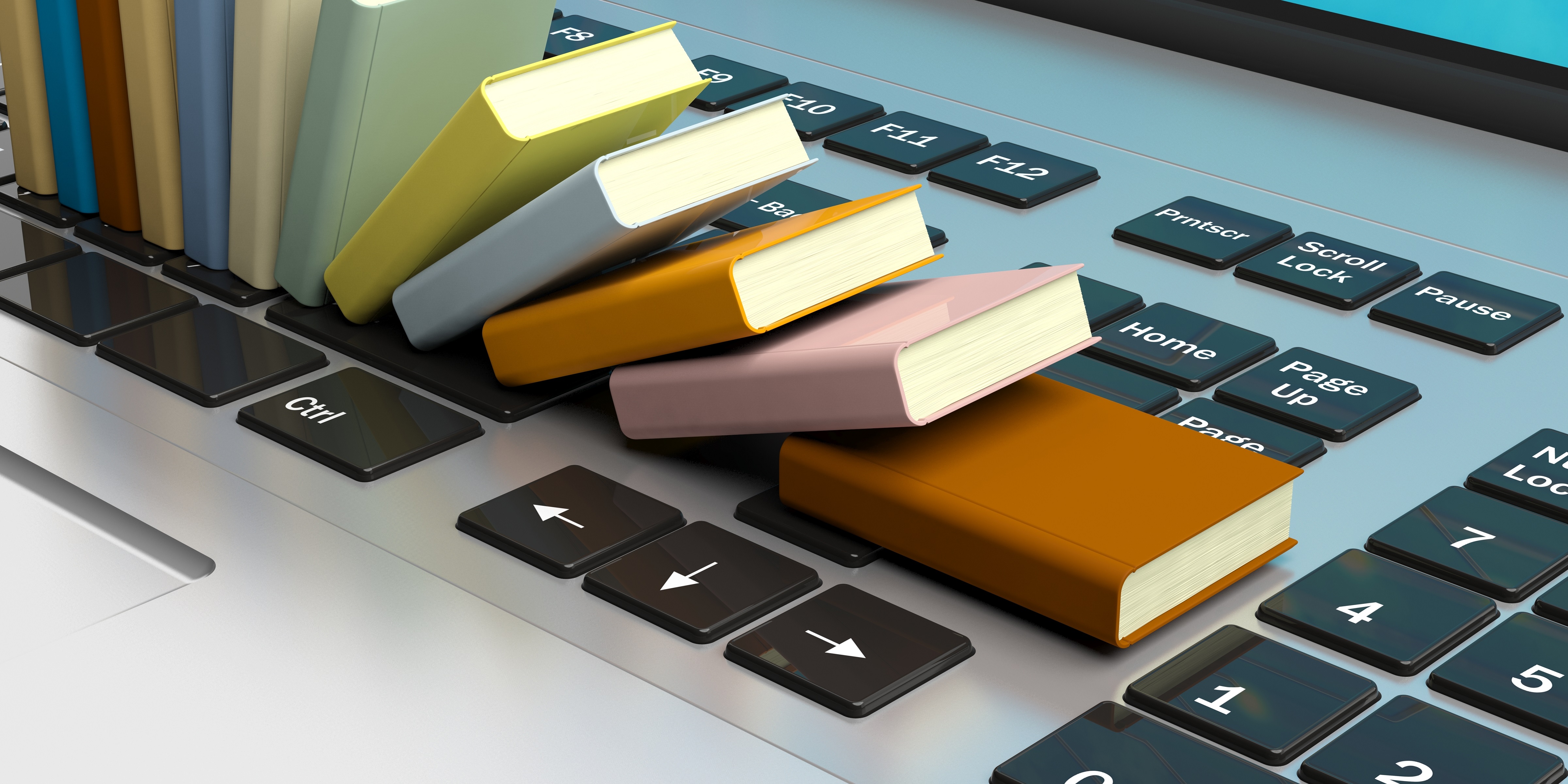 graphic of books falling over in domino effect on laptop