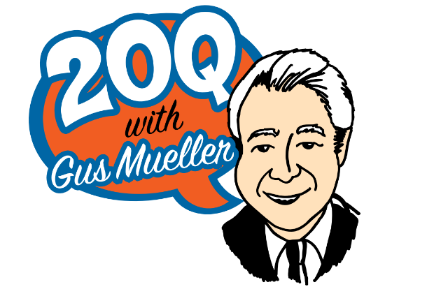 20Q with Gus Mueller logo with cartoon of Gus Mueller's face.