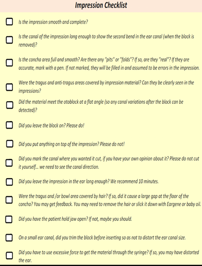 Example of an impression checklist