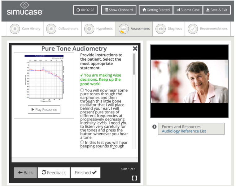 A screenshot within a Simucase audiology simulation addressing the administration of pure tone audiometry.