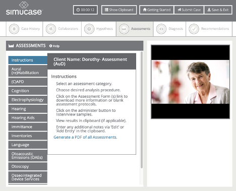 Screenshot from a Simucase audiology simulation addressing client assessment. 