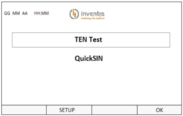 Inventis audiometer main menu to select TEN test 