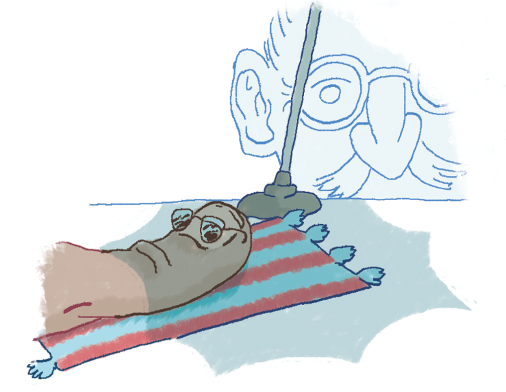 cartoon of a thumb wearing sunglasses on a beach towel, and a plunger next to the towel.