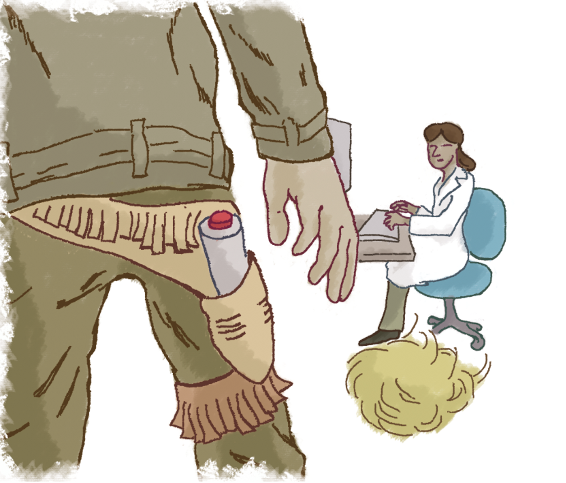 cartoon of the back of a person with a gun holster containing a audiology button pressing device facing a woman audiologist sitting at a desk 