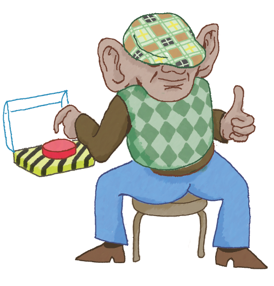 cartoon of a character sitting on a stool and turning to face behind him while giving a thumbs up