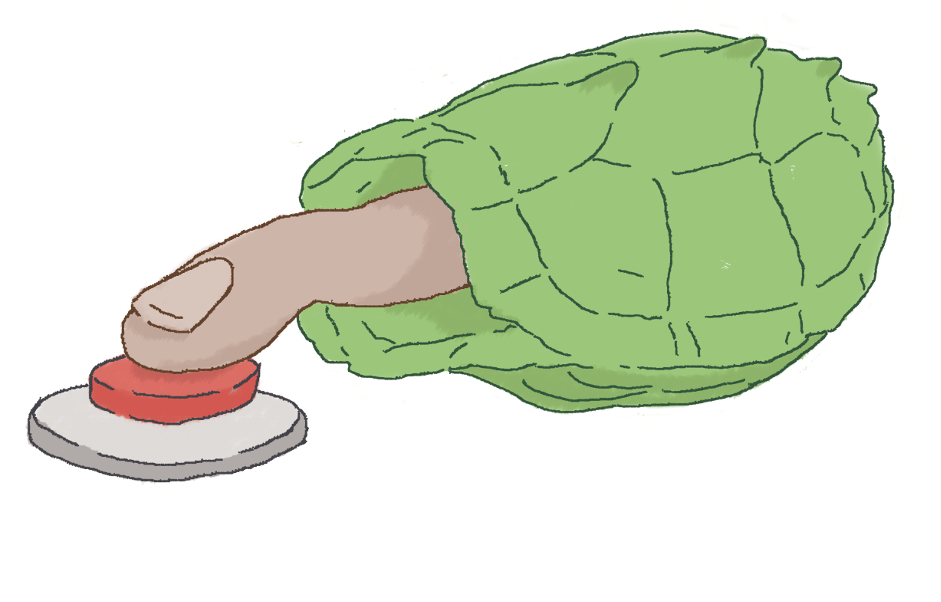 cartoon of a finger extending out of a turtle shell and pressing a red button